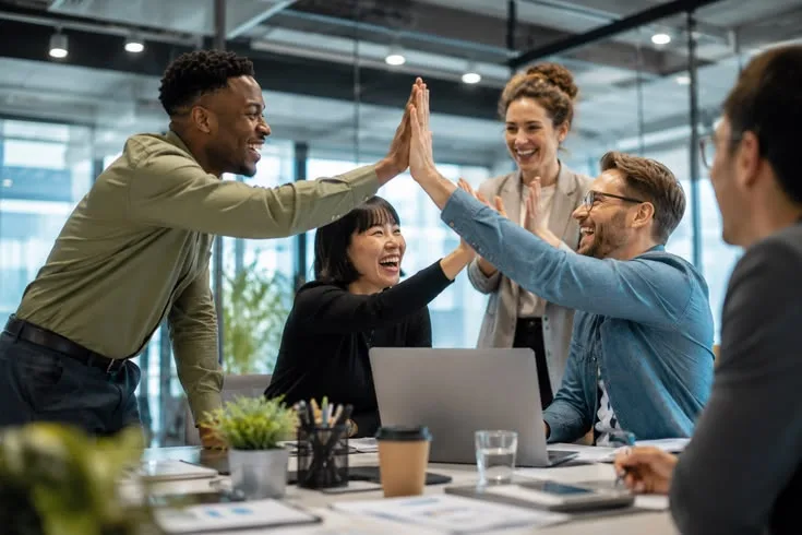 An agency team high-fives around a meeting table after a client approves their video.