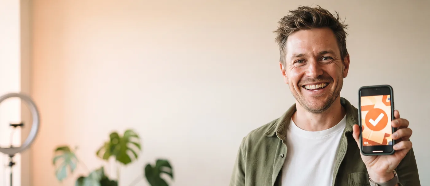 A creator smiles while holding up his phone showing a ComplyCheck pass badge.